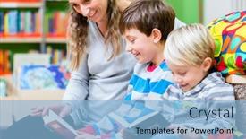  Presentation with kids reading books - Beautiful PPT layouts featuring mom with her kids for the first time in the library reading books backdrop and a light blue colored foreground