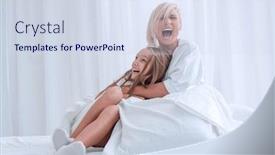  Presentation with mom daughter - Slide set featuring mom with her little daughter sitting on the bed early in the morning background and a sky blue colored foreground