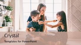  Presentation with toddler eating - PPT theme having mom with her two children background and a coral colored foreground