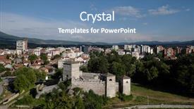  Presentation with various town newspaper headline - Slides with momcilov grad fortress in pirot background and a teal colored foreground