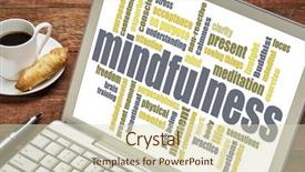  Presentation with cup coffee - Slide set with moments clarity - mindfulness word cloud background and a  colored foreground