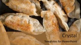  Presentation with vintage cooking - PPT theme having momo son - close up cooking fried dumplings background and a gold colored foreground