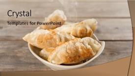  Presentation with asian dumplings in broth bowl - Slide set consisting of momo son - fresh pan fried dumplings background and a coral colored foreground