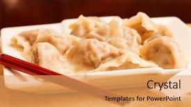  Presentation with chinese pastry or mooncake filled - Beautiful PPT layouts featuring momo son - jiaozi - chinese dumplings filled backdrop and a yellow colored foreground