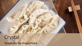  Presentation with chinese food - Theme enhanced with momo son - top view fresh dumpling background and a coral colored foreground