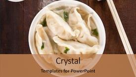  Presentation with top view of appetizing fresh - Slide deck consisting of momo son - top view fresh dumplings soup background and a coral colored foreground