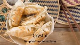  Presentation with top view of appetizing fresh - PPT theme consisting of momo son - top view fresh pan fried background and a coral colored foreground