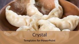  Presentation with wood rustic - Slides having momos - close up fresh dumplings background and a  colored foreground