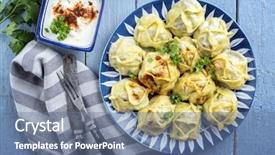  Presentation with muesli yoghurt and berries healthy - PPT theme enhanced with momos - manti with yoghurt background and a ocean colored foreground