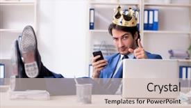  Presentation with office king - Slide deck with insignia - young king businessman working background and a soft green colored foreground