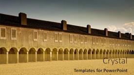  Presentation with monastery - Colorful theme enhanced with monastery in cape espichel in portugal at sunset light view of the peligrims rooms backdrop and a gold colored foreground