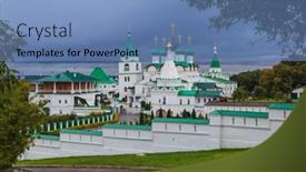  Presentation with monastery - Cool new presentation theme with monastery-in-nizhny-novgorod-russia backdrop and a teal colored foreground