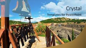  Presentation with monastery - Theme having portrait of the beautiful young woman with fluttering red hair near the sea background and a light gray colored foreground