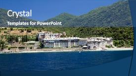  Presentation with monastery - PPT theme with monastery-on-the-mount-athos background and a teal colored foreground