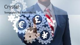  Presentation with currency financial concept macro - Colorful slide set enhanced with monetary - concept of various main currencies backdrop and a light blue colored foreground