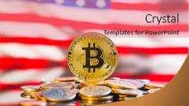  Presentation with bitcoins - Slide deck having monetary - golden bitcoins cryptocurrency in front background and a coral colored foreground