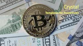  Presentation with bitcoin - Colorful presentation design enhanced with monetary - photo bitcoin on dollar bills backdrop and a violet colored foreground