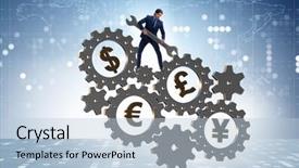  Presentation with concept - Slide set featuring monetary policy - businessman in multiple currencies concept background and a light blue colored foreground