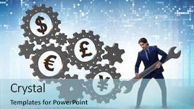  Presentation with monetary policy - Theme with monetary policy - businessman in multiple currencies concept background and a light blue colored foreground