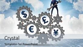  Presentation with currency financial concept macro - Slide set enhanced with monetary policy - businessman in multiple currencies concept background and a light blue colored foreground