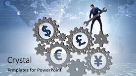  Presentation with monetary policy - Beautiful PPT theme featuring monetary policy - businessman in multiple currencies concept backdrop and a light blue colored foreground