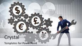  Presentation with currency financial concept macro - Beautiful PPT theme featuring monetary policy - businessman in multiple currencies concept backdrop and a light gray colored foreground