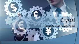  Presentation with monetary policy - Beautiful PPT layouts featuring monetary policy - concept of various main currencies backdrop and a light blue colored foreground