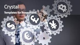  Presentation with bitcoin - Colorful PPT theme enhanced with monetary policy - concept of various main currencies backdrop and a dark gray colored foreground