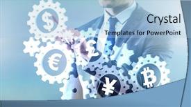  Presentation with bitcoin - Colorful slide deck enhanced with monetary policy - concept of various main currencies backdrop and a light blue colored foreground