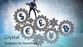  Presentation with monetary policy - Audience pleasing PPT layouts consisting of monetary policy - financial concept with various currencies backdrop and a light blue colored foreground