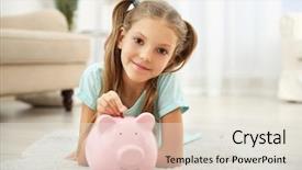  Presentation with bank - Beautiful theme featuring money - cute girl putting coins backdrop and a sky blue colored foreground