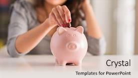  Presentation with piggy bank - Colorful presentation design enhanced with money - woman putting coin in piggy backdrop and a lemonade colored foreground