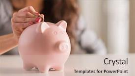  Presentation with piggy bank - Audience pleasing presentation design consisting of money - woman putting coin in piggy backdrop and a soft green colored foreground