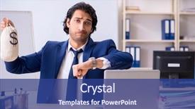  Presentation with disability office - Slide deck with money bag corruption - young handsome businessman working background and a ocean colored foreground