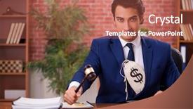  Presentation with law enforcement police dispatcher working - Slide set with money bag corruption - young handsome lawyer working background and a  colored foreground