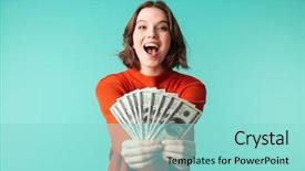  Presentation with portrait of excited overjoyed female - Cool new slide deck with money banknnotes isolated over blue backdrop and a arctic colored foreground