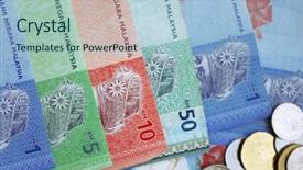  Presentation with banknotes - Presentation theme having money banknotes and coins closeup background and a light blue colored foreground