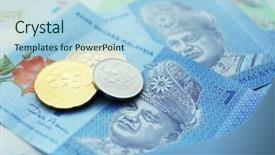  Presentation with banknotes - Presentation design enhanced with money banknotes and coins closeup background and a light blue colored foreground