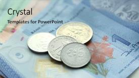  Presentation with banknotes - Slide deck with money banknotes and coins closeup background and a light blue colored foreground