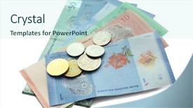  Presentation with banknotes - Presentation enhanced with money banknotes and coins isolated background and a cool aqua colored foreground