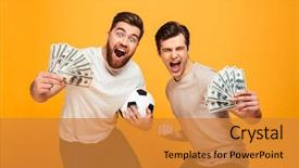  Presentation with full length portrait two men women brown sweater - Slide deck featuring money banknotes and soccer ball background and a gold colored foreground