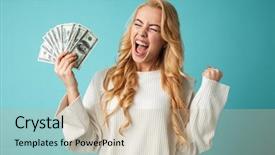  Presentation with lactation young woman breastfeeding - Beautiful slides featuring money banknotes isolated over blue backdrop and a  colored foreground