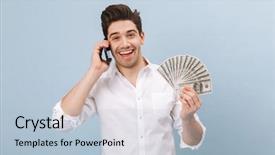  Presentation with mobile money - Audience pleasing PPT theme consisting of money banknotes talking on mobile backdrop and a light blue colored foreground