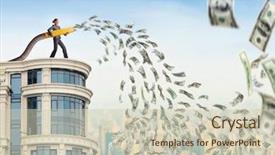  Presentation with pension funds - PPT theme featuring money bond - woman on the skyscraper funds background and a soft green colored foreground