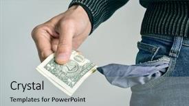  Presentation with jeans - Slides consisting of money charity - young caucasian man in jeans background and a light gray colored foreground