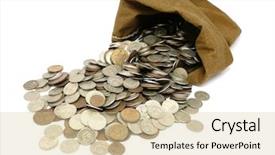  Presentation with money bag sysmbol - Colorful presentation theme enhanced with money coins in bag isolated backdrop and a soft green colored foreground