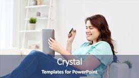  Presentation with money online shopping - Beautiful presentation featuring people internet bank online shopping technology and e-money concept - happy young plus size woman sitting on sofa with tablet pc computer and credit card at home backdrop and a ocean colored foreground