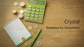  Presentation with green notebook - Cool new presentation theme with money concept green calculator backdrop and a gold colored foreground