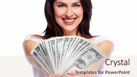  Presentation with cash - Presentation design consisting of money dollar - happy young smiling woman holding background and a lemonade colored foreground