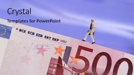  Presentation with bank - Presentation theme featuring money drop - businessman running on a euro background and a light blue colored foreground